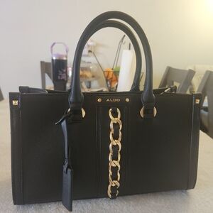 Aldo Elegant Black Satchel with Gold Chain